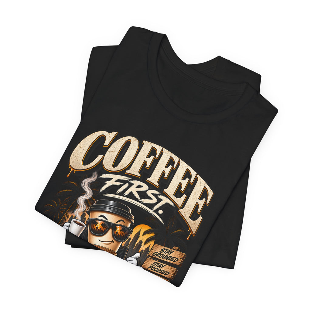 Coffee First Graphic Tee — "Coffee First" Vintage Coffee Skull T-Shirt