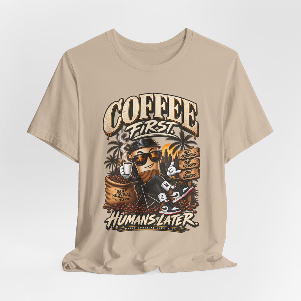 Coffee First Graphic Tee — "Coffee First" Vintage Coffee Skull T-Shirt