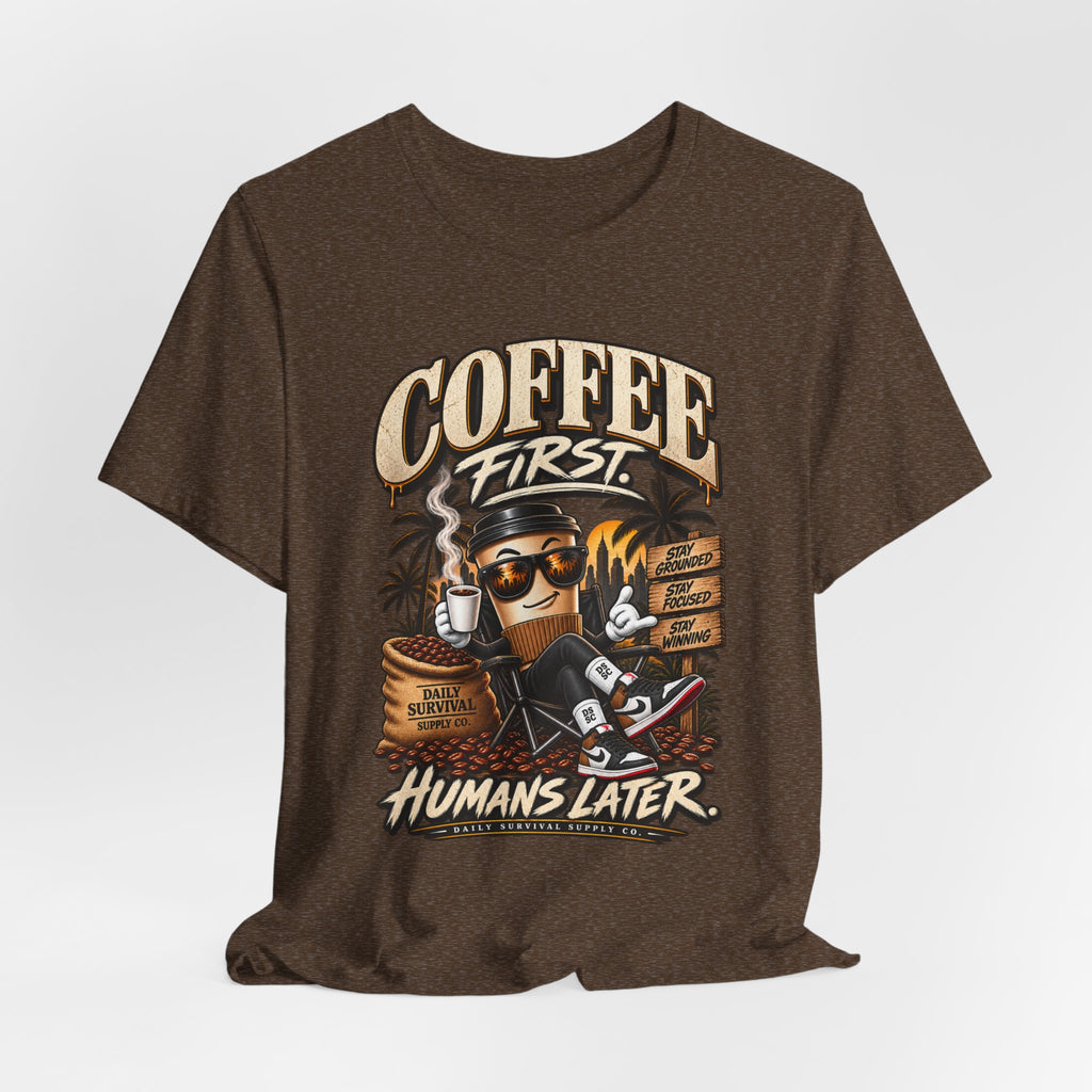 Coffee First Graphic Tee — "Coffee First" Vintage Coffee Skull T-Shirt