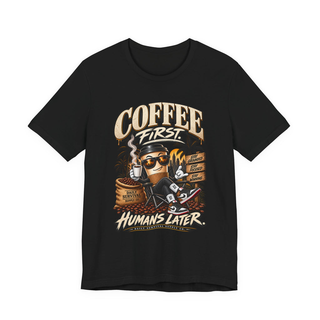 Coffee First Graphic Tee — "Coffee First" Vintage Coffee Skull T-Shirt