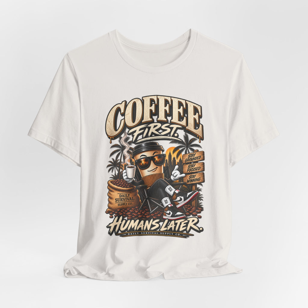 Coffee First Graphic Tee — "Coffee First" Vintage Coffee Skull T-Shirt