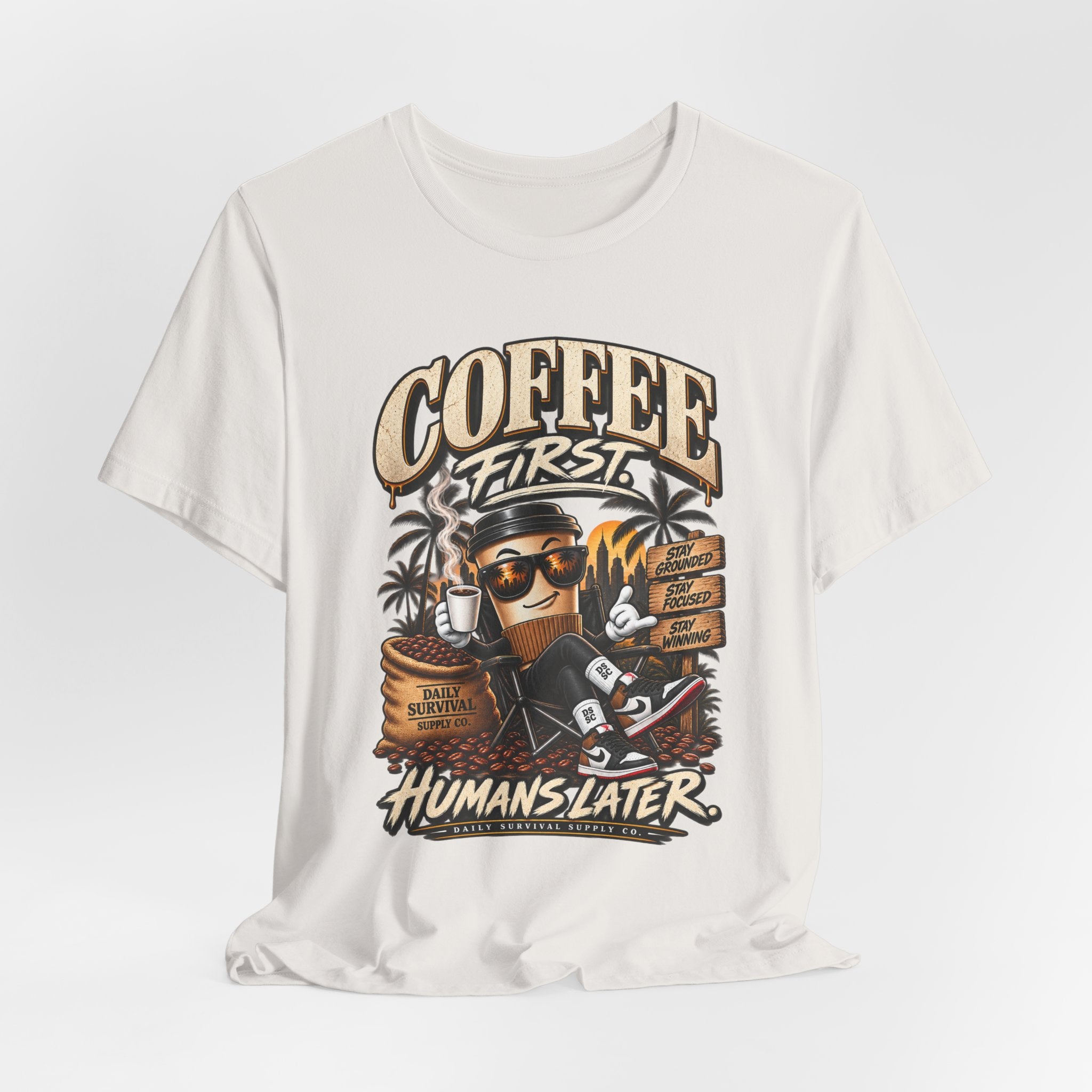 Coffee First Graphic Tee — "Coffee First" Vintage Coffee Skull T-Shirt