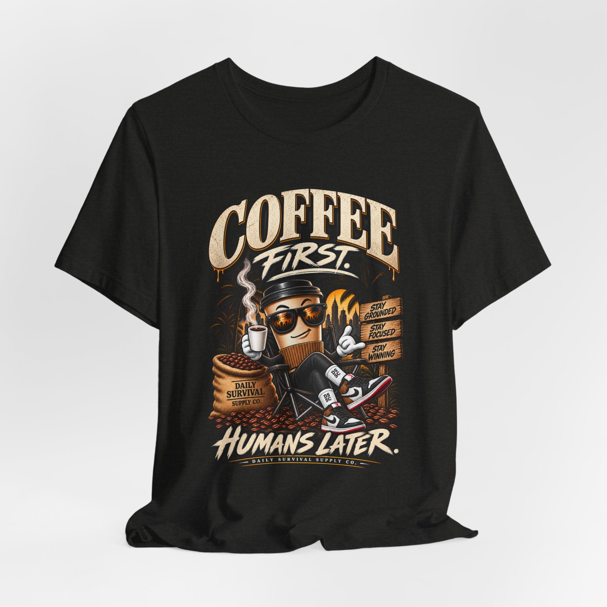 Coffee First Graphic Tee — "Coffee First" Vintage Coffee Skull T-Shirt