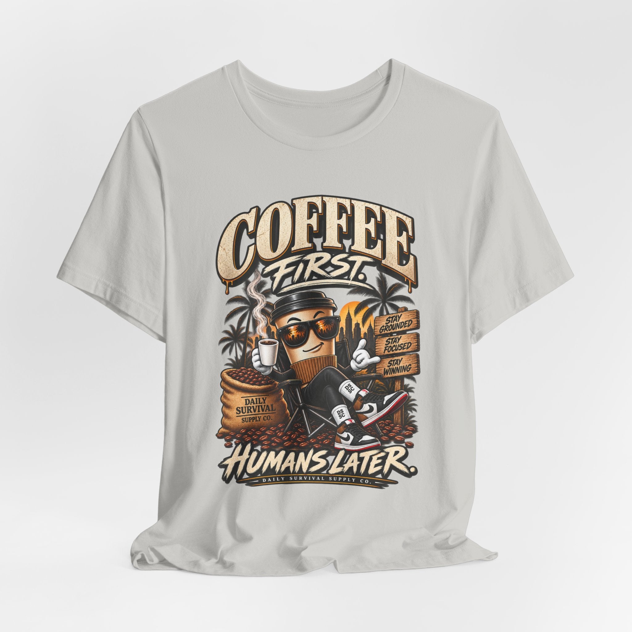 Coffee First Graphic Tee — "Coffee First" Vintage Coffee Skull T-Shirt