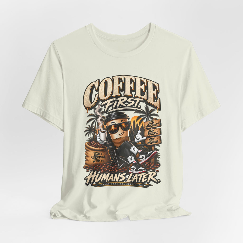 Coffee First Graphic Tee — "Coffee First" Vintage Coffee Skull T-Shirt