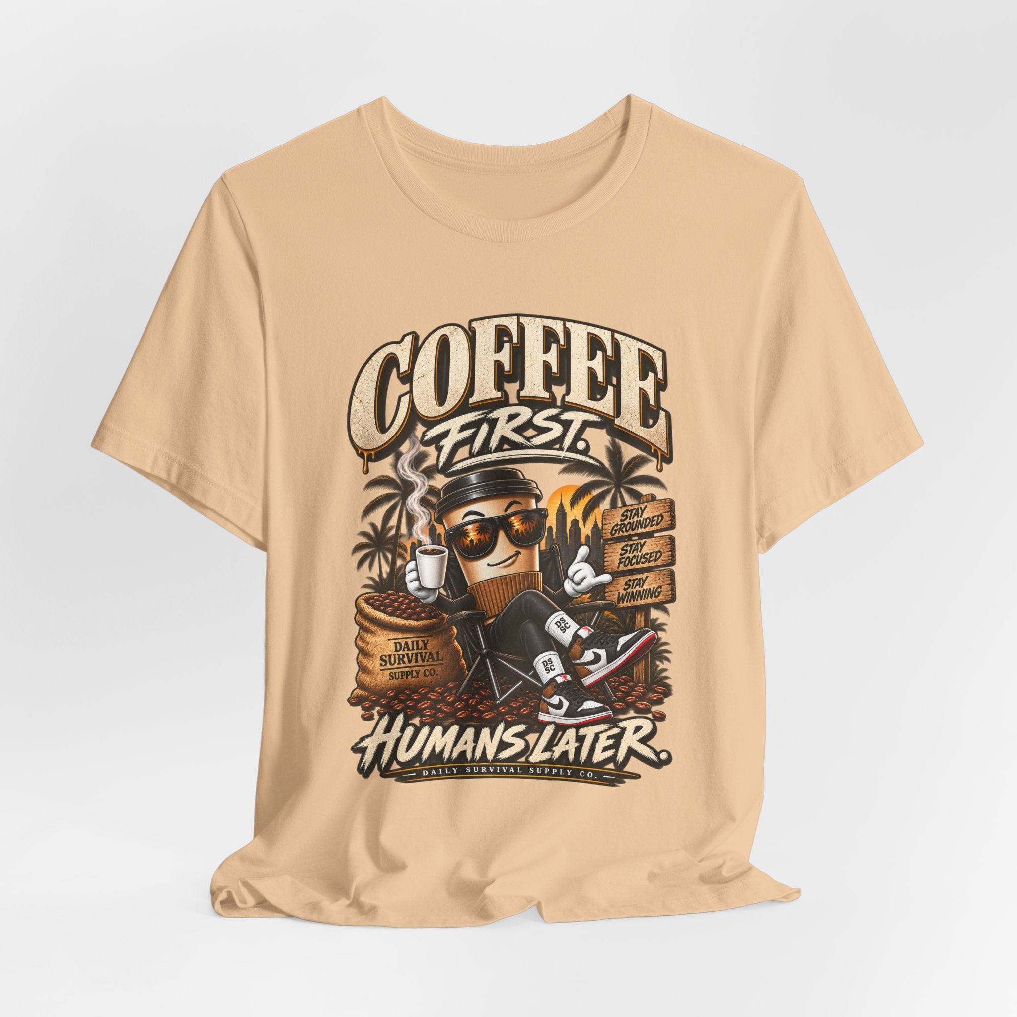 Coffee First Graphic Tee — "Coffee First" Vintage Coffee Skull T-Shirt