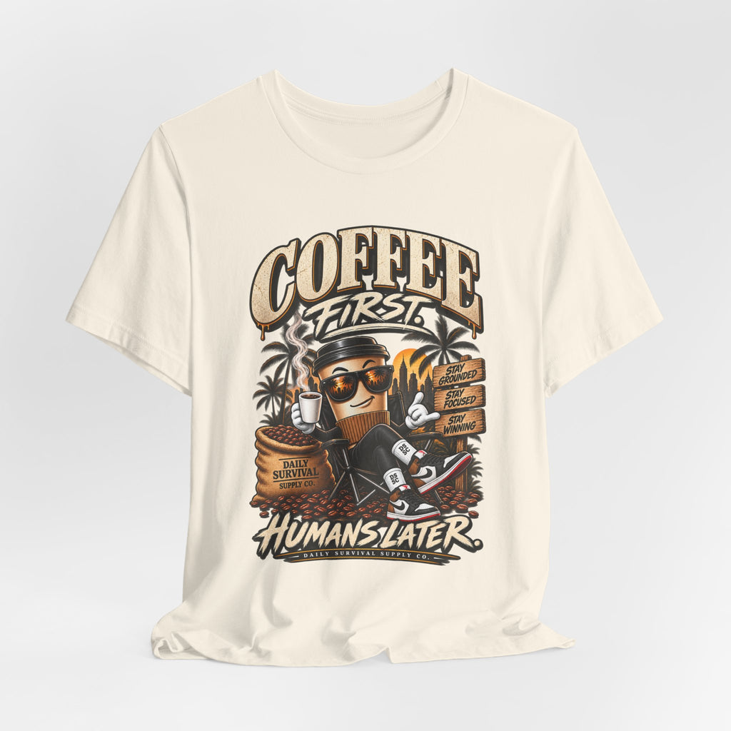 Coffee First Graphic Tee — "Coffee First" Vintage Coffee Skull T-Shirt