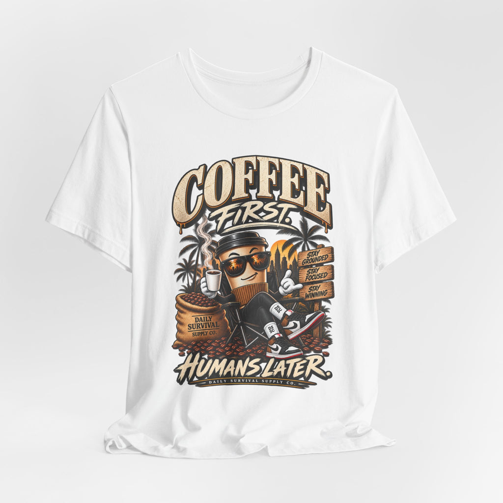 Coffee First Graphic Tee — "Coffee First" Vintage Coffee Skull T-Shirt