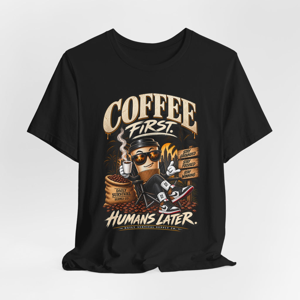 Coffee First Graphic Tee — "Coffee First" Vintage Coffee Skull T-Shirt