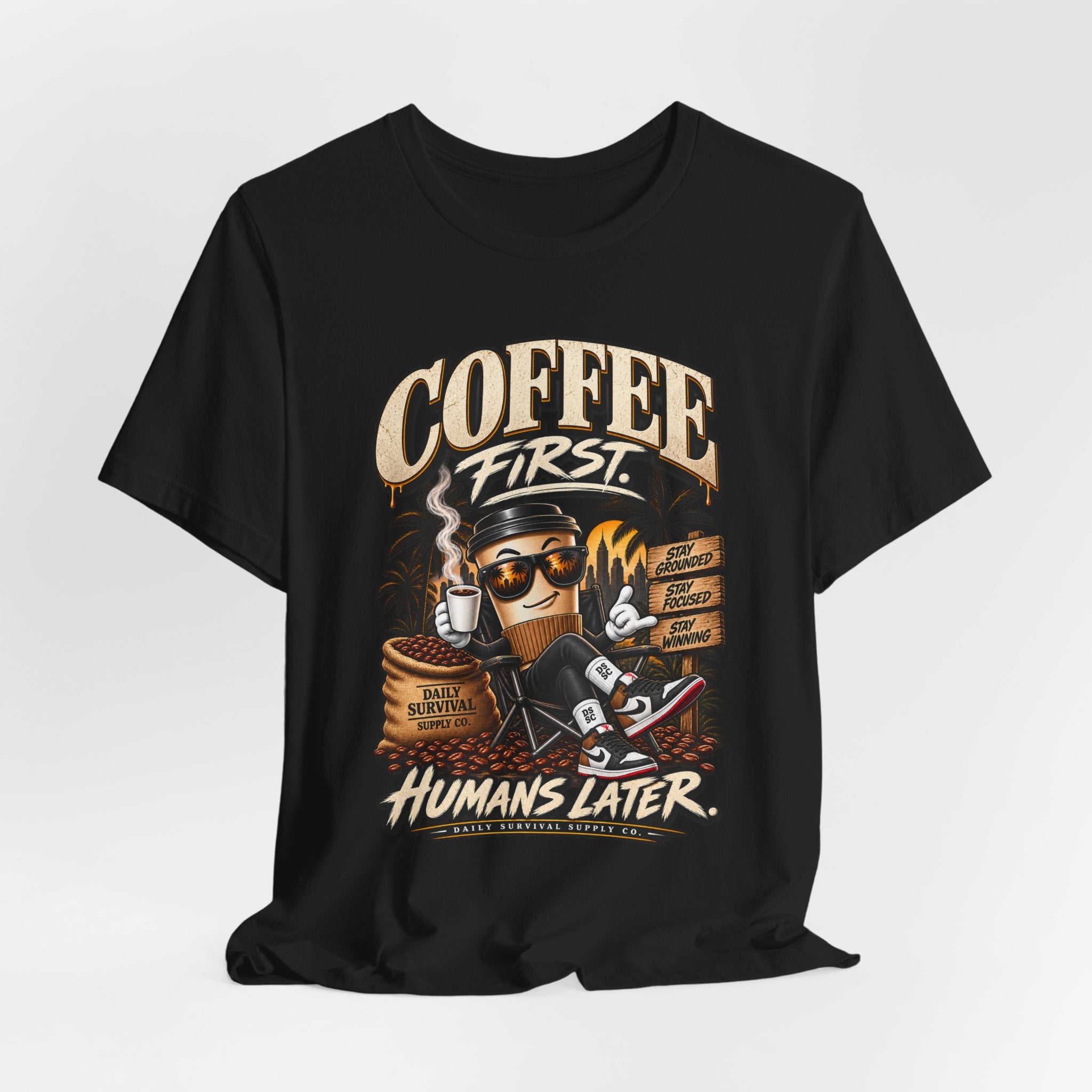 Coffee First Graphic Tee — "Coffee First" Vintage Coffee Skull T-Shirt
